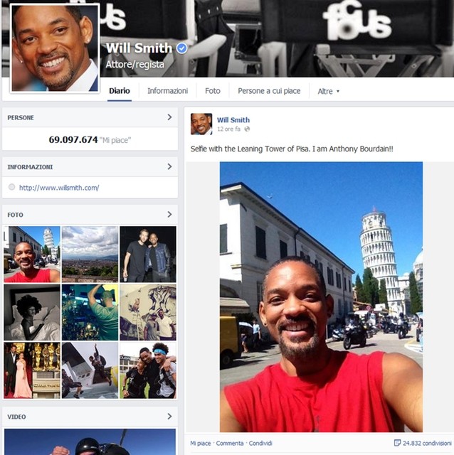 Will Smith selfie accanto torre di Pisa ed è delirio su Facebook