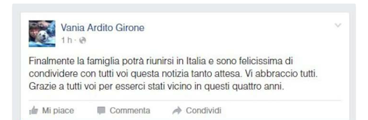 Marò, la moglie di Girone condivide su Facebook la gioia per il rimpatrio del marito