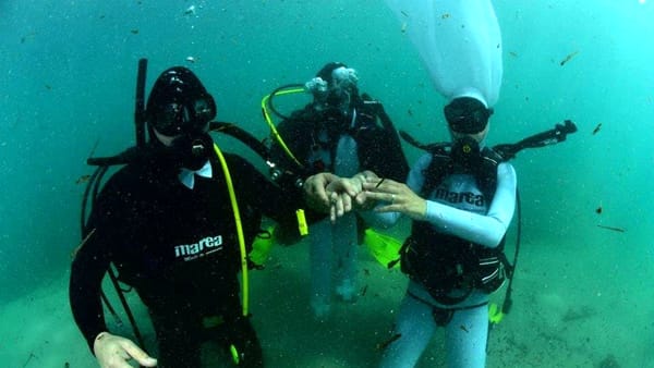 Matrimonio celebrato sott’acqua gli sposi si scambiano gli anelli in fondo al mare