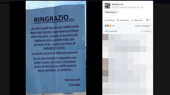 Taranto un operaio al ladro della sua auto “dedica”  il seguente messaggio “In questo periodo di difficoltà generale  ti auguriamo con tutto il cuore che tutto il ricavato del tuo nobile  gesto lo possa spendere in medicine”.