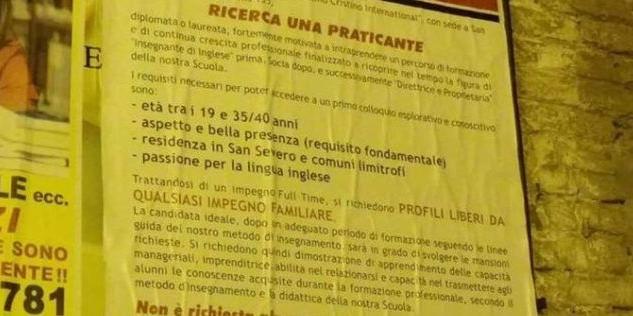 Un annuncio di lavoro che scatena infinite polemiche, titolare di una scuola cerca collaboratrice libera, di bella presenza e che abbia meno di 40 anni