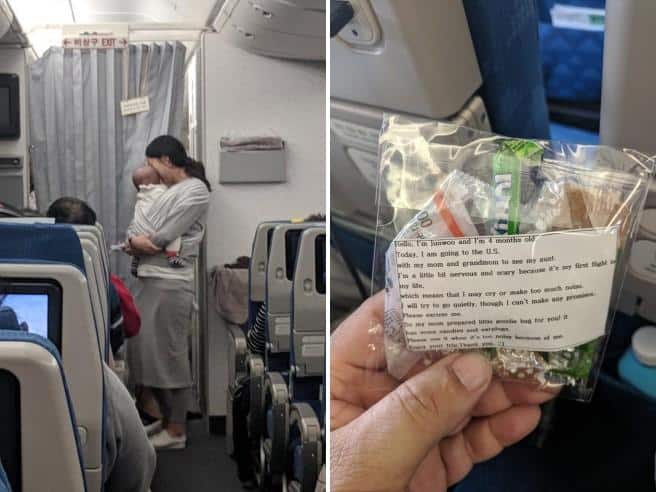 Mamma in aereo con bimbo di  soli 4 mesi, per non disturbare gli altri passeggeri regala a tutti tappi per le orecchie