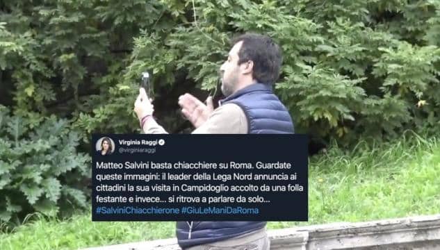 La Raggi, sindaco di Roma, prende in giro Matteo Salvini pubblicando un video dove il leader della Lega parla da solo