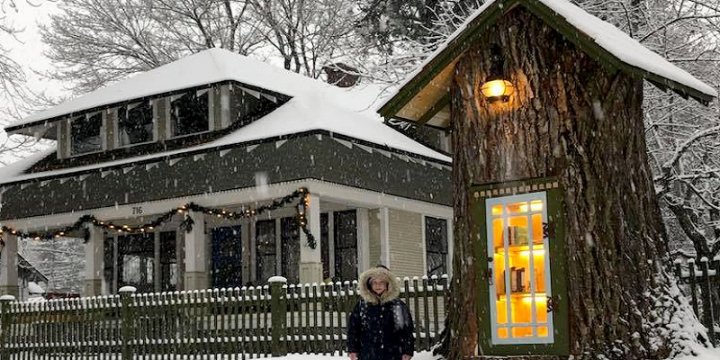 Una donna fa un’opera straordinaria, trasforma un albero in una biblioteca