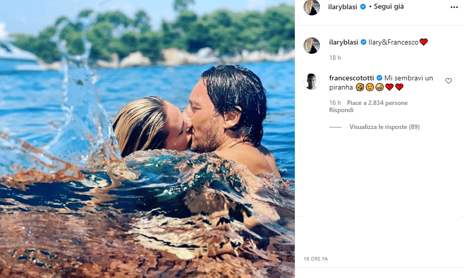 Ilary Blasi pubblica una foto romantica mentre bacia Francesco Totti ma il commento di Totti è spietato