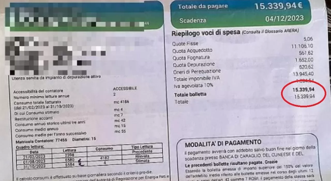 Caterina Giovinazzo, 88 anni, è in rianimazione a seguito dello shock per una bolletta dell'acqua di 15.339 euro, parzialmente pagata dalla sua banca attraverso un pagamento automatico.