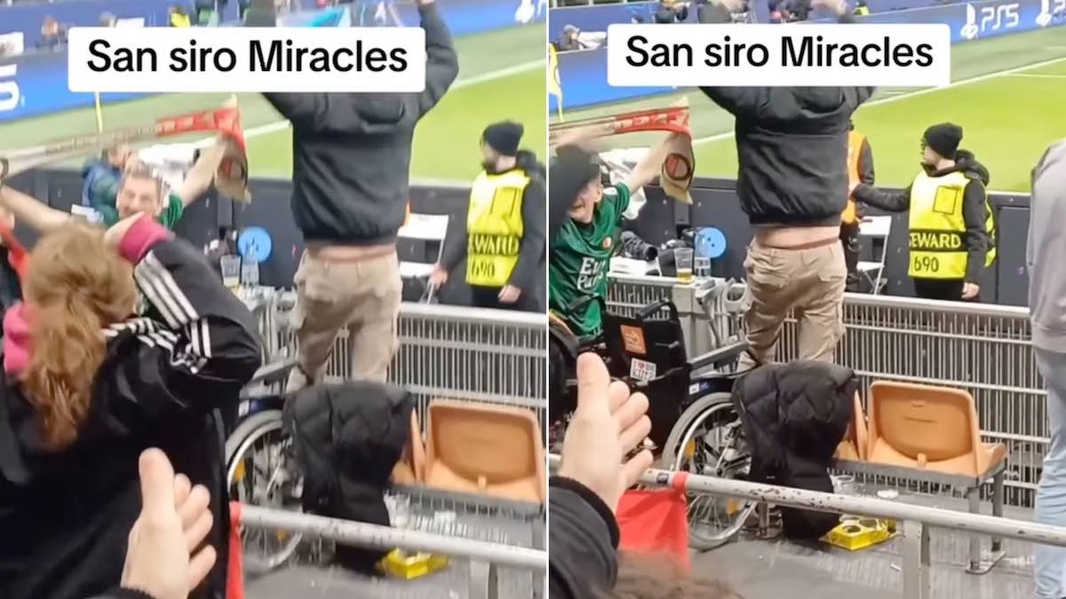 Durante la sfida tra Inter e Feyenoord, un tifoso olandese viene ripreso mentre festeggia in piedi nell’area riservata alle persone con disabilità. Il video diventa virale.