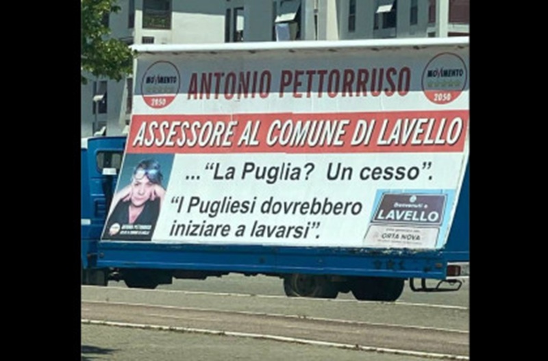 Un camion-vela con frasi offensive contro la Puglia scatena la bufera. Il governatore Michele Emiliano ha querelato per diffamazione l’assessore lucano Antonio Pettorruso.