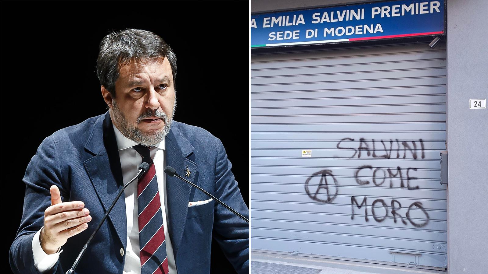 A Modena una scritta minacciosa contro Matteo Salvini richiama gli anni di piombo. Solidarietà bipartisan al vicepremier dopo l’atto vandalico firmato con simboli anarchici.