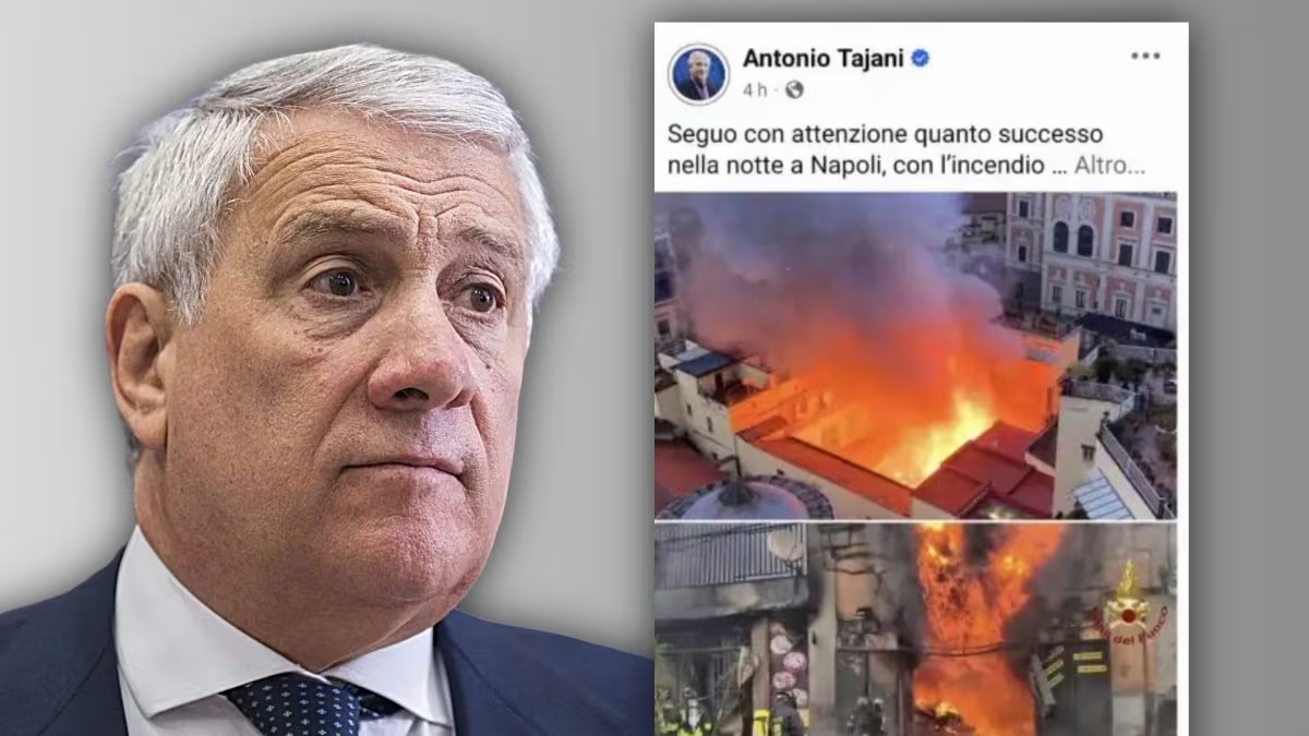 Scivolone per Tajani dopo l’incendio del teatro Sannazaro: “Vi sono vicino” ma pubblica la foto di un incendio ad un gommista